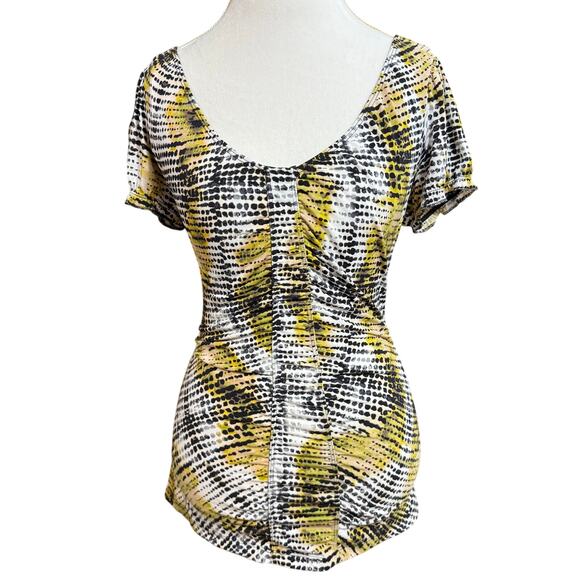Worthington‎ S Abstract Dot Print Stretch Ruched Top Yellow Chic Y2K Girlhood - Picture 1 of 9